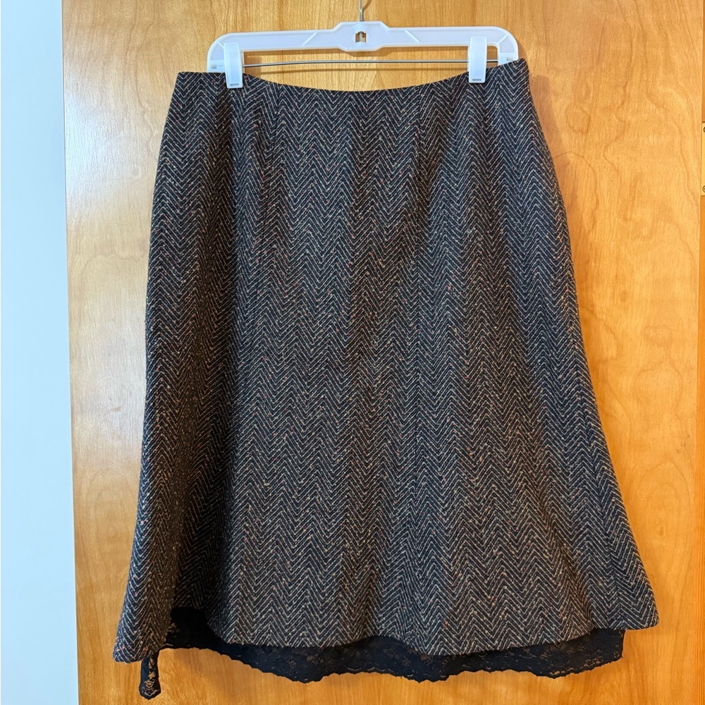 April Cornell Herringbone Skirt With Lined Lace Trim Vintage Wool Blend Large